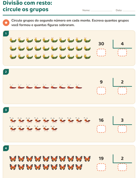 Pré-visualização da ficha de Divisão com resto com Insetos e bichos para 3º ano do ensino fundamental