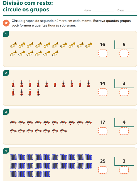 Pré-visualização da ficha de Divisão com resto com Música para 3º ano do ensino fundamental