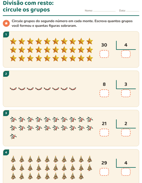 Pré-visualização da ficha de Divisão com resto com Natal para 3º ano do ensino fundamental