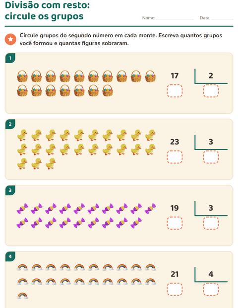 Pré-visualização da ficha de Divisão com resto com Páscoa para 3º ano do ensino fundamental