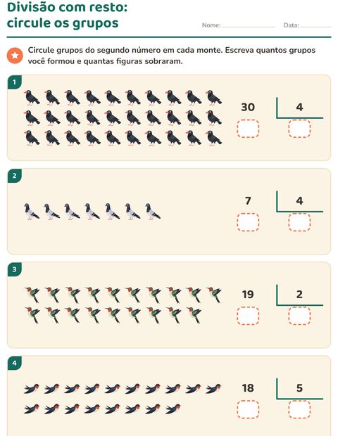 Pré-visualização da ficha de Divisão com resto com Pássaros 2 para 3º ano do ensino fundamental