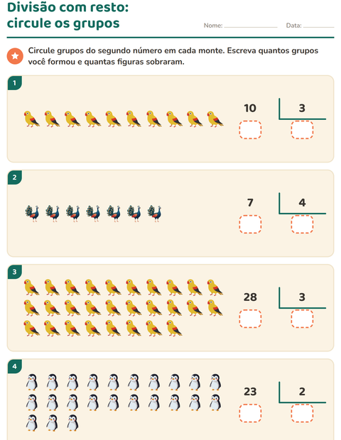 Pré-visualização da ficha de Divisão com resto com Pássaros para 3º ano do ensino fundamental