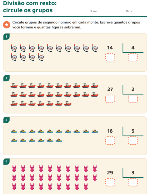 Pré-visualização da ficha de Divisão com resto com Praia para 3º ano do ensino fundamental
