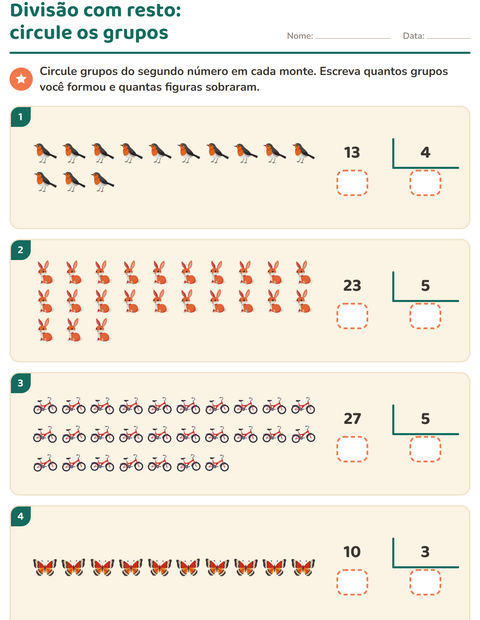 Pré-visualização da ficha de Divisão com resto com Primavera para 3º ano do ensino fundamental