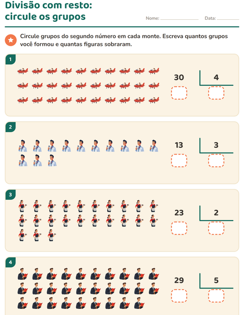 Pré-visualização da ficha de Divisão com resto com Profissões para 3º ano do ensino fundamental
