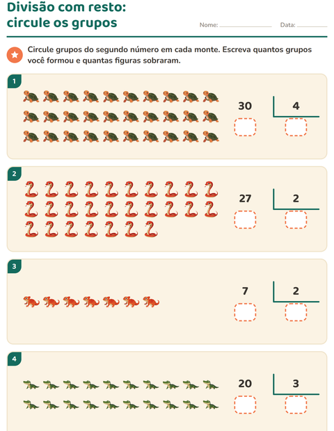 Pré-visualização da ficha de Divisão com resto com Répteis e anfíbios para 3º ano do ensino fundamental