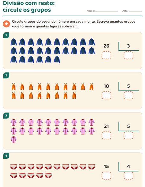 Pré-visualização da ficha de Divisão com resto com Roupas para 3º ano do ensino fundamental
