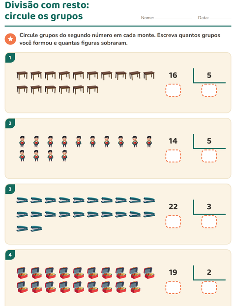 Pré-visualização da ficha de Divisão com resto com Sala de aula para 3º ano do ensino fundamental