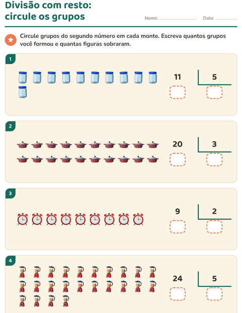 Pré-visualização da ficha de Divisão com resto com Utensílios de cozinha para 3º ano do ensino fundamental