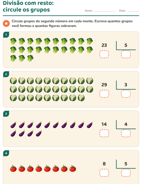 Pré-visualização da ficha de Divisão com resto com Vegetais para 3º ano do ensino fundamental