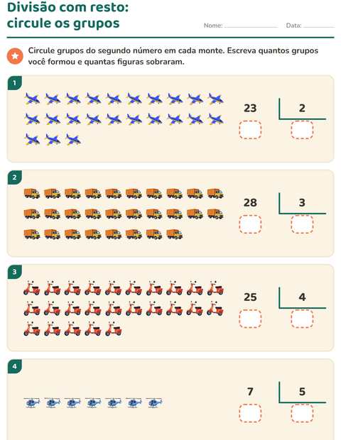 Pré-visualização da ficha de Divisão com resto com Veículos para 3º ano do ensino fundamental