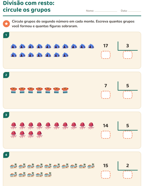 Pré-visualização da ficha de Divisão com resto com Verão para 3º ano do ensino fundamental