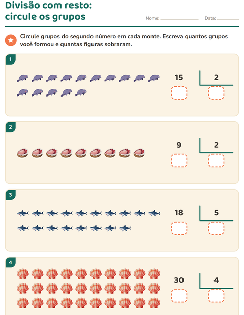 Pré-visualização da ficha de Divisão com resto com Vida marinha para 3º ano do ensino fundamental