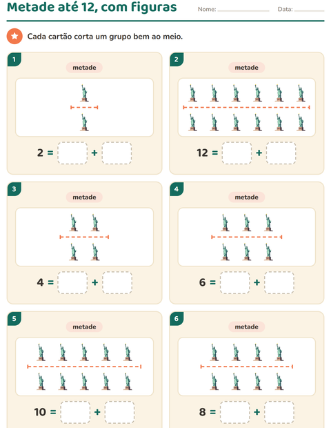 Pré-visualização da ficha de Dobro e metade com 4 de Julho para 1º ano do ensino fundamental
