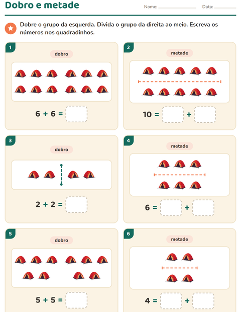 Pré-visualização da ficha de Dobro e metade com Acampamento para 1º ano do ensino fundamental