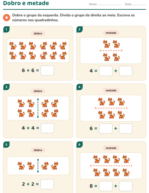 Pré-visualização da ficha de Dobro e metade com Animais da fazenda para 1º ano do ensino fundamental