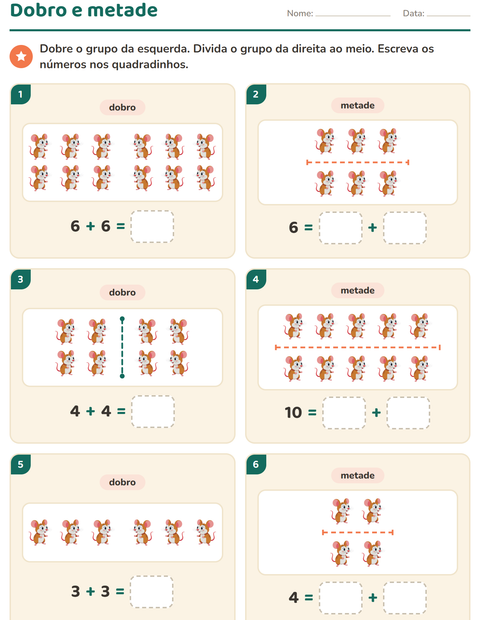Pré-visualização da ficha de Dobro e metade com Animais de estimação para 1º ano do ensino fundamental
