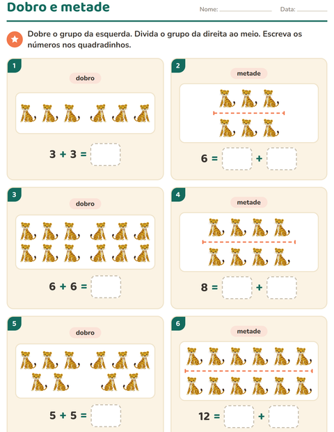 Pré-visualização da ficha de Dobro e metade com Animais do zoológico para 1º ano do ensino fundamental