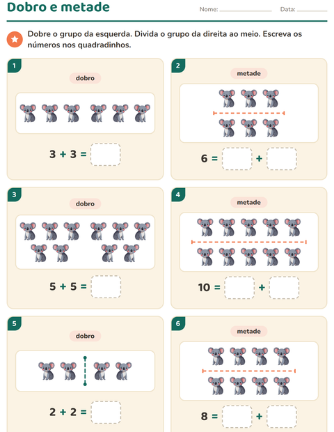 Pré-visualização da ficha de Dobro e metade com Animais para 1º ano do ensino fundamental