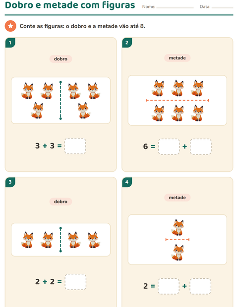 Dobro e metade com figuras de animais para contar