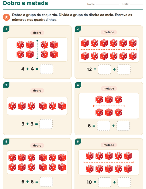 Pré-visualização da ficha de Dobro e metade com Brinquedos para 1º ano do ensino fundamental