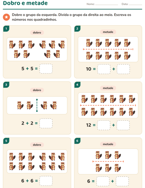 Pré-visualização da ficha de Dobro e metade com Criaturas da floresta para 1º ano do ensino fundamental