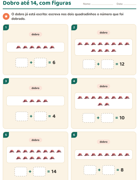 Pré-visualização da ficha de Dobro e metade com Acampamento para 1º ano do ensino fundamental