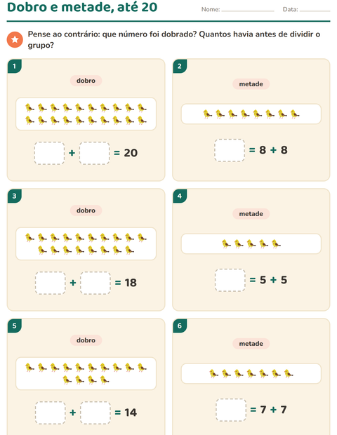 Pré-visualização da ficha de Dobro e metade com Animais de estimação para 1º ano do ensino fundamental