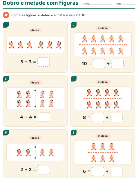 Pré-visualização da ficha de Dobro e metade com Brinquedos para 1º ano do ensino fundamental