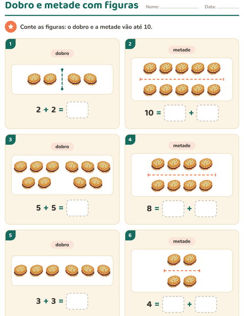 Pré-visualização da ficha de Dobro e metade com Café da manhã para 1º ano do ensino fundamental