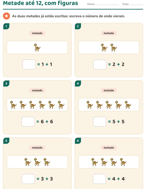 Pré-visualização da ficha de Dobro e metade com Dinossauros para 1º ano do ensino fundamental