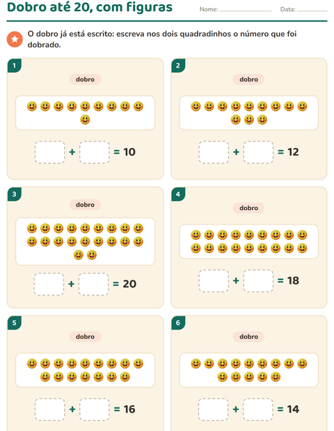 Pré-visualização da ficha de Dobro e metade com Emoções para 1º ano do ensino fundamental