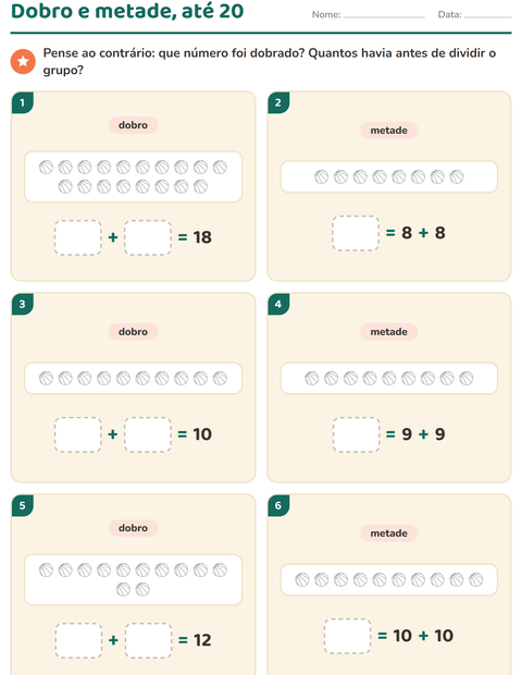 Pré-visualização da ficha de Dobro e metade com Esportes PB para 1º ano do ensino fundamental