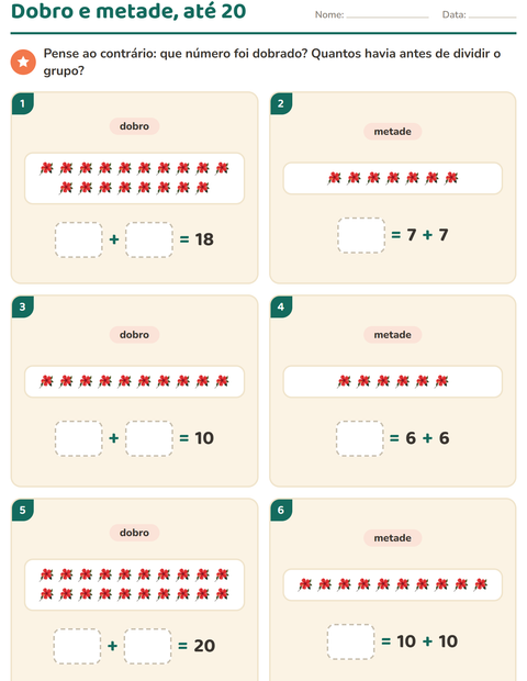 Pré-visualização da ficha de Dobro e metade com Flores para 1º ano do ensino fundamental