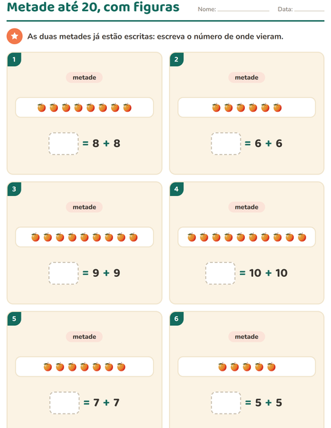 Pré-visualização da ficha de Dobro e metade com Frutas para 1º ano do ensino fundamental