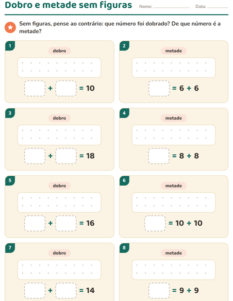 Pré-visualização da ficha de Dobro e metade para 1º ano do ensino fundamental