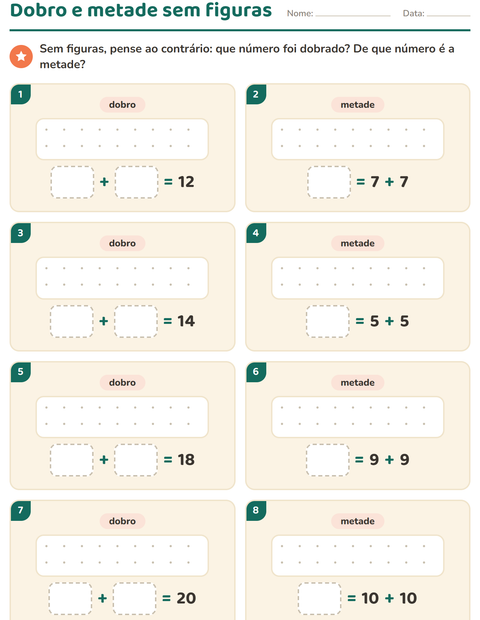 Pré-visualização da ficha de Dobro e metade para 1º ano do ensino fundamental