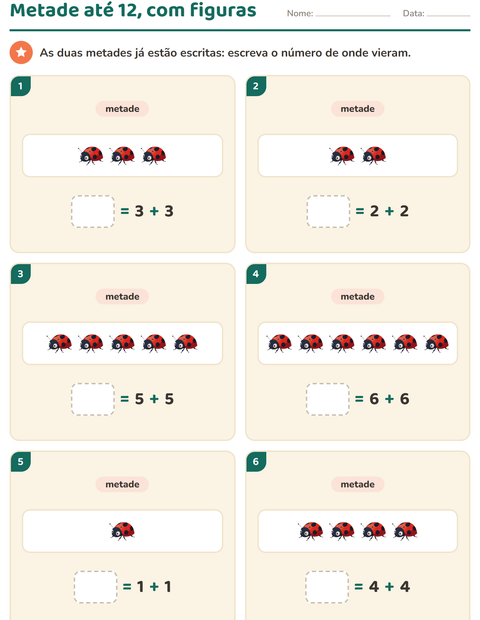 Pré-visualização da ficha de Dobro e metade com Insetos e bichos para 1º ano do ensino fundamental
