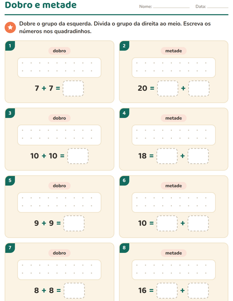 Pré-visualização da ficha de Dobro e metade com Pássaros P&B para 1º ano do ensino fundamental