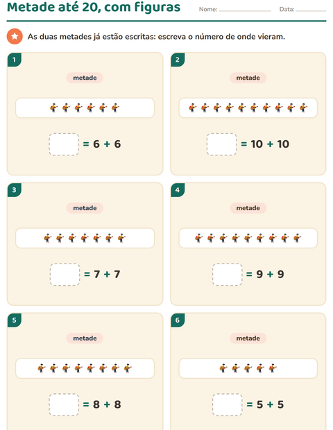 Pré-visualização da ficha de Dobro e metade com Profissões para 1º ano do ensino fundamental