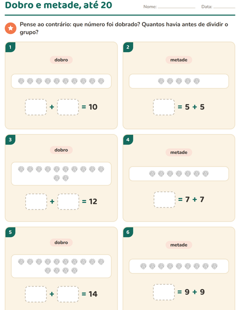 Pré-visualização da ficha de Dobro e metade com Vegetais PB para 1º ano do ensino fundamental