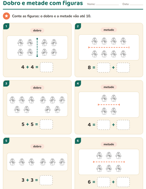 Pré-visualização da ficha de Dobro e metade com Vestuário PB para 1º ano do ensino fundamental