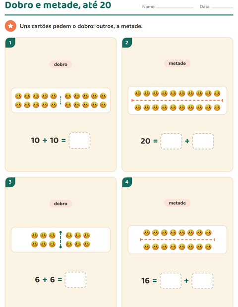Pré-visualização da ficha de Dobro e metade com Emoções para 1º ano do ensino fundamental