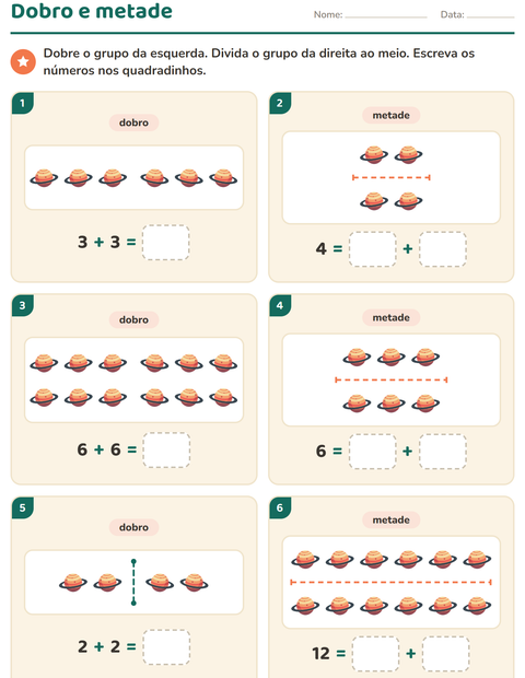 Pré-visualização da ficha de Dobro e metade com Espaço para 1º ano do ensino fundamental