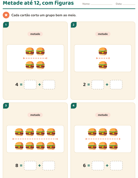 Pré-visualização da ficha de Dobro e metade com 4 de Julho para 1º ano do ensino fundamental