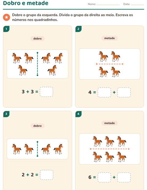 Pré-visualização da ficha de Dobro e metade com Animais da fazenda para 1º ano do ensino fundamental