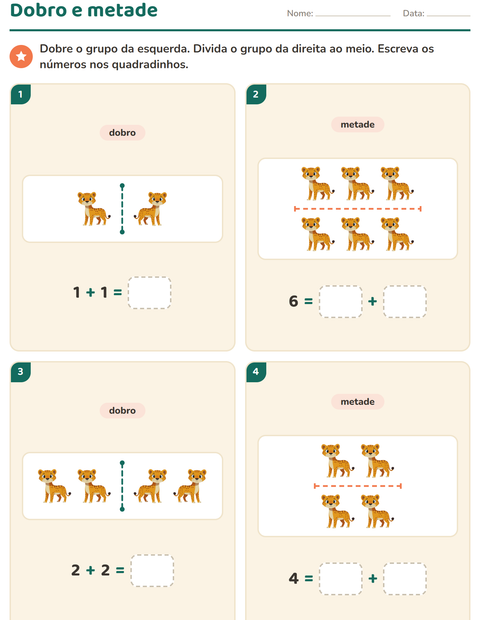 Pré-visualização da ficha de Dobro e metade com Animais do zoológico para 1º ano do ensino fundamental