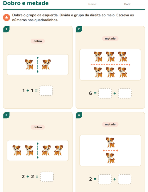 Pré-visualização da ficha de Dobro e metade com Animais para 1º ano do ensino fundamental