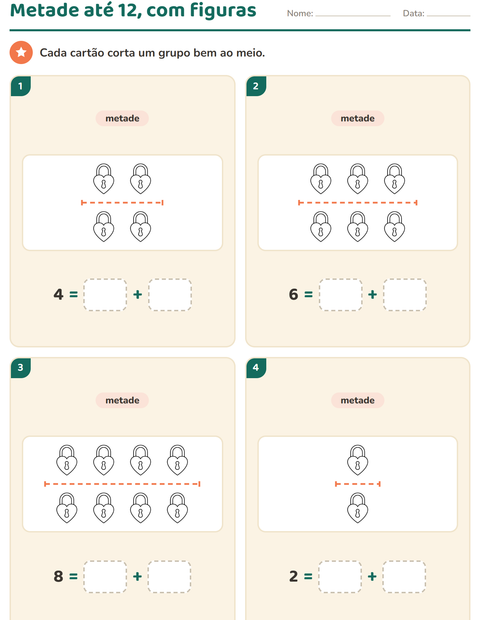 Pré-visualização da ficha de Dobro e metade com Dia dos Namorados PB para 1º ano do ensino fundamental