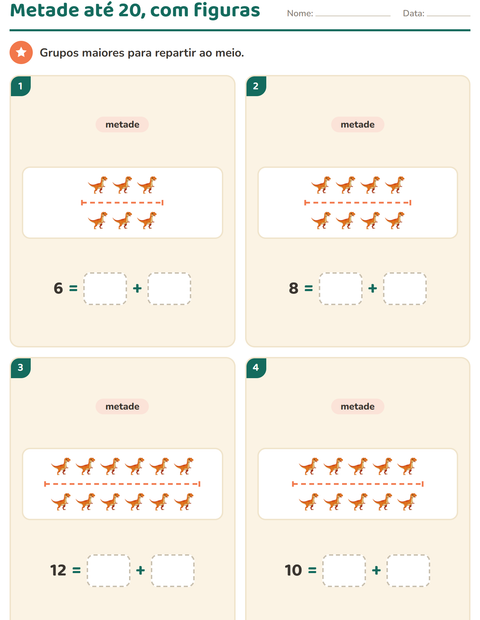 Pré-visualização da ficha de Dobro e metade com Dinossauros para 1º ano do ensino fundamental